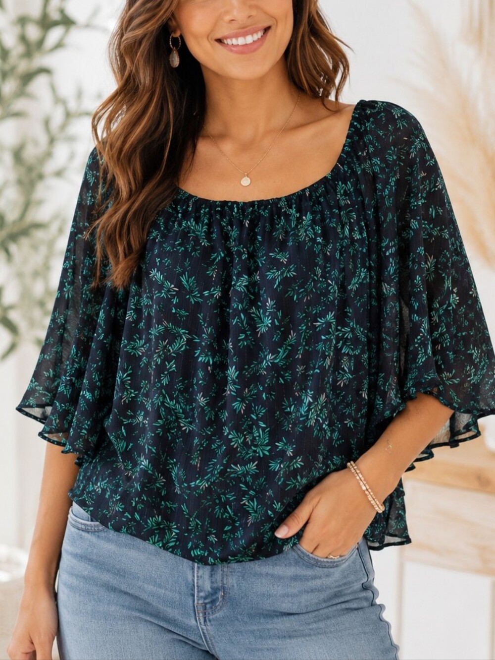 Navy Green Top M Leaf Print Flutter Bell Sleeve Sheer Lined Fairy Whimsigoth